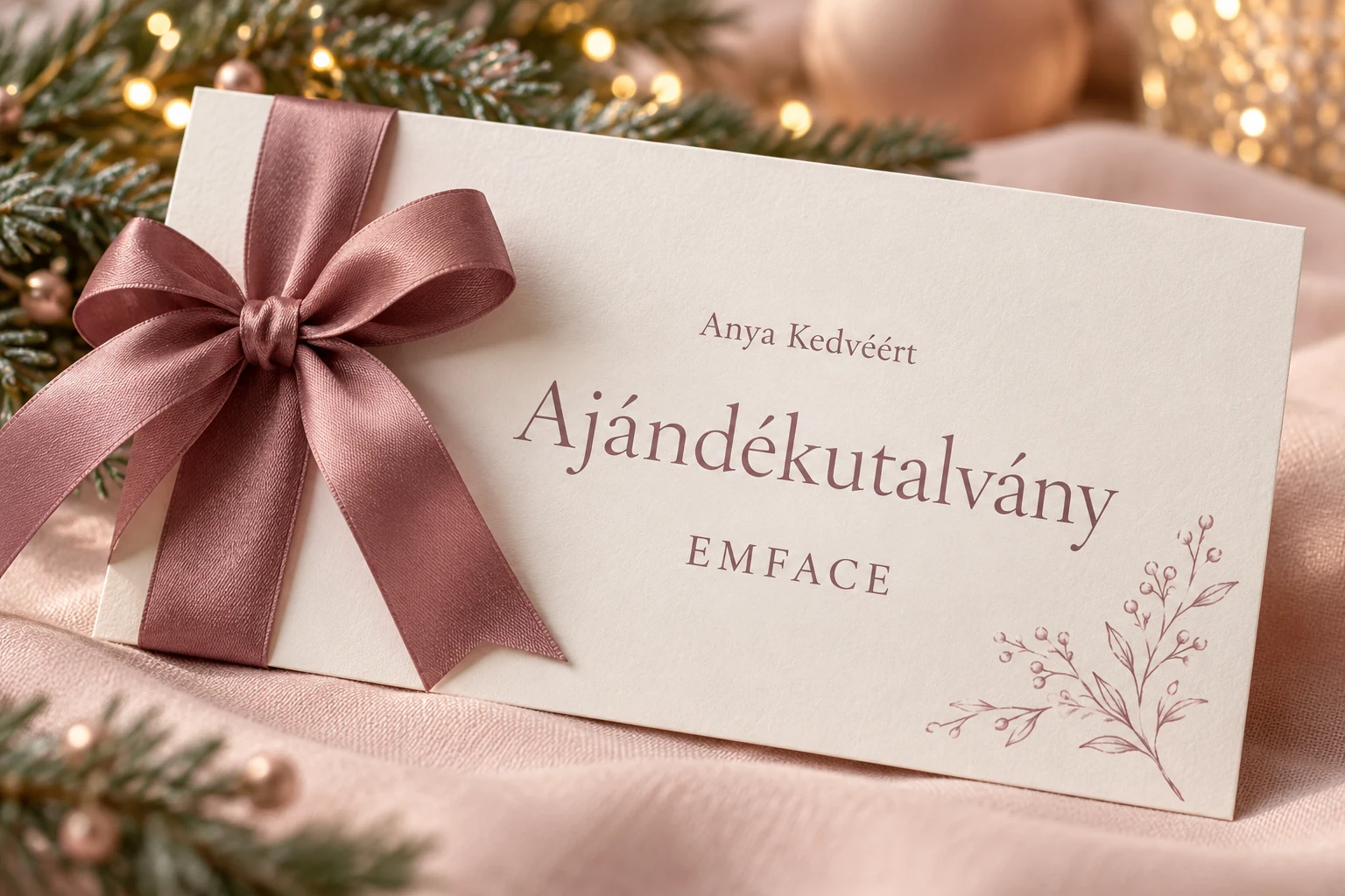EMFACE ajándékutalvány, mályvaszínű szalaggal és finom karácsonyi díszítéssel