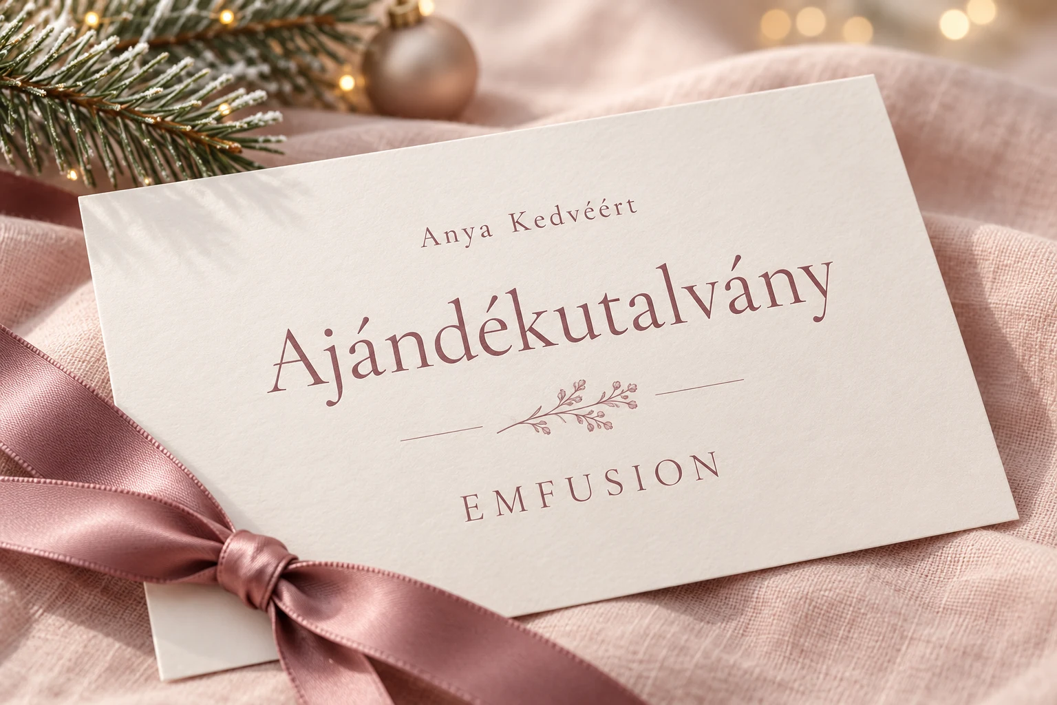 EMFUSION ajándékutalvány, mályvaszínű szalaggal és finom karácsonyi díszítéssel