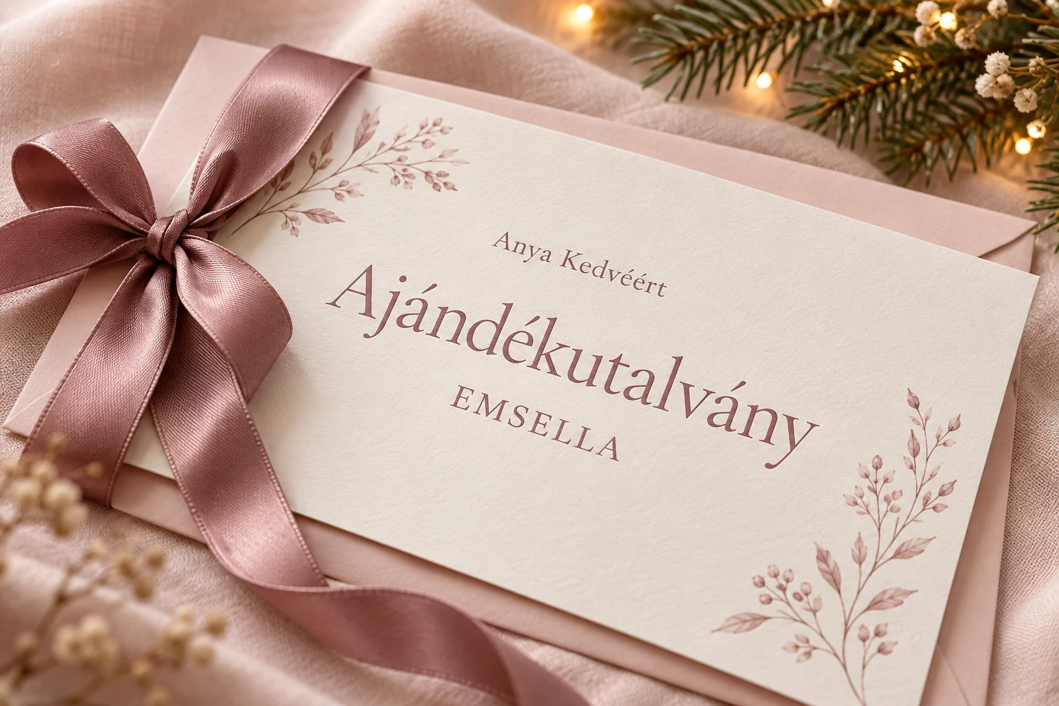 EMSELLA ajándékutalvány, mályvaszínű szalaggal és finom karácsonyi díszítéssel