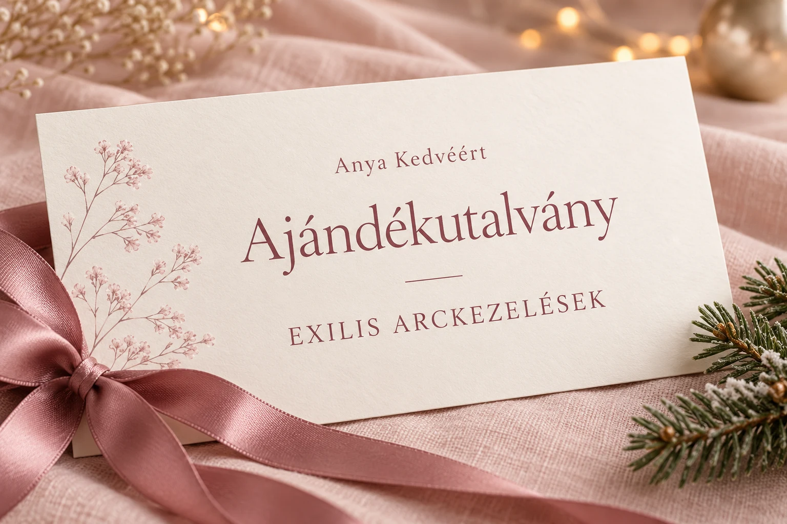EXILIS ARCKEZELÉSEK ajándékutalvány, mályvaszínű szalaggal és finom karácsonyi díszítéssel