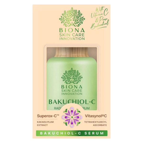 Biona Bakuchiol C Radiant Glow szérum dobozos kiszerelésben, elegáns arcápoló csomagolás